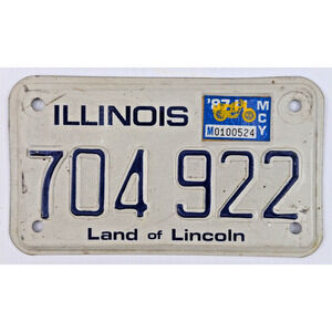 Illinois Motorcycle License Plate Land of Lincoln Expired 1987